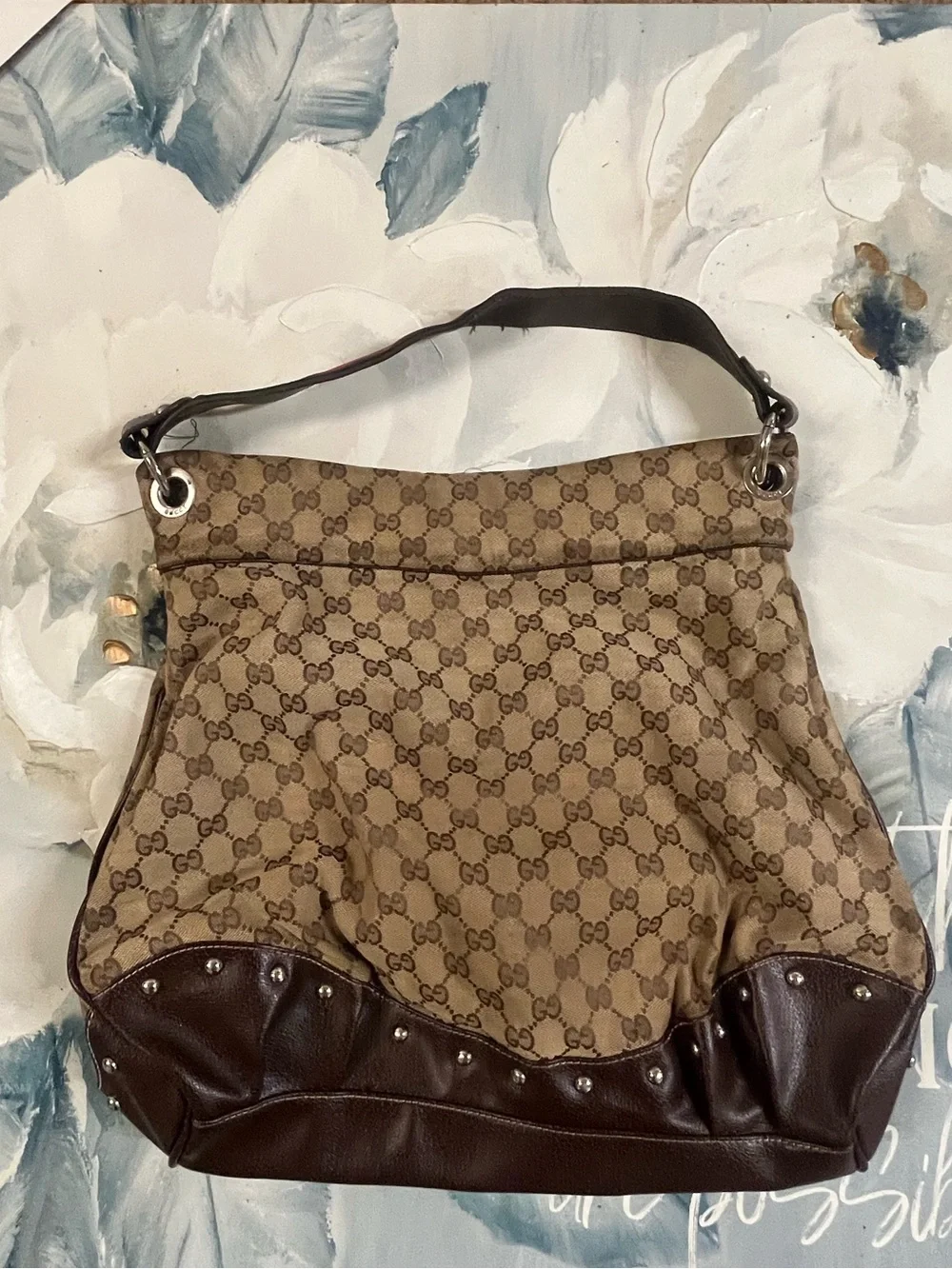 Gucci Beige GG Canvas Hobo with Brown Leather and Red-Green Web Accent